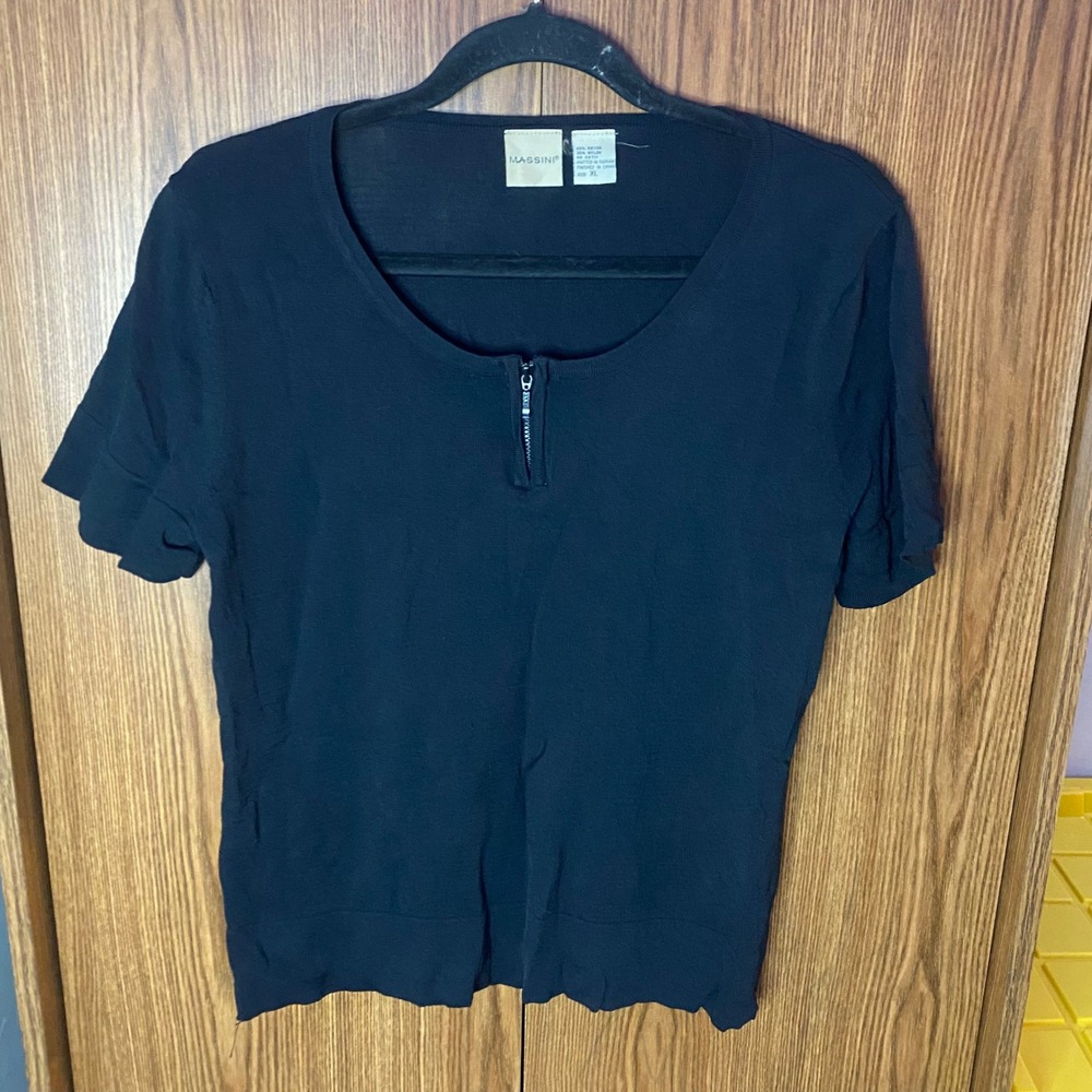 Massini Knit Top Women XL Black Short Sleeve Quarter Zip Scoop Neck Rayon Blend